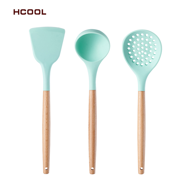 뜨거운 판매 HCOOL 3 Pcs 신선한 주방 요리 세트 식품 학년 수준 실리콘 조리기구 냄비 삽 스키머 수프 국자 세트