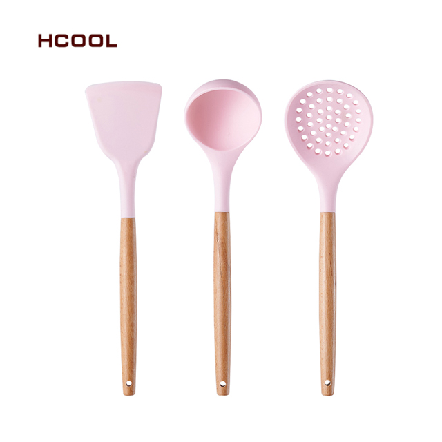 뜨거운 판매 HCOOL 3 Pcs 세트 귀여운 주방 요리 세트 식품 학년 수준 실리콘 조리기구 냄비 삽 스키머 수프 국자