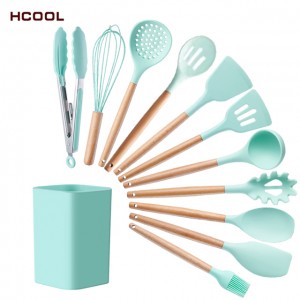 Новый продукт HCOOL набор из 12 шт. мятно-зеленый кухонный набор для приготовления пищи силиконовый с деревянной ручкой кухонная утварь с ведром для хранения