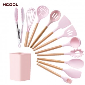 Новый продукт HCOOL Набор из 12 шт. Розовый кухонный набор для приготовления пищи, силиконовый с деревянной ручкой, кухонная утварь, силиконовое ведро для хранения