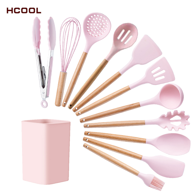 Новый продукт HCOOL Набор из 12 шт. Розовый кухонный набор для приготовления пищи, силиконовый с деревянной ручкой, кухонная утварь, силиконовое ведро для хранения