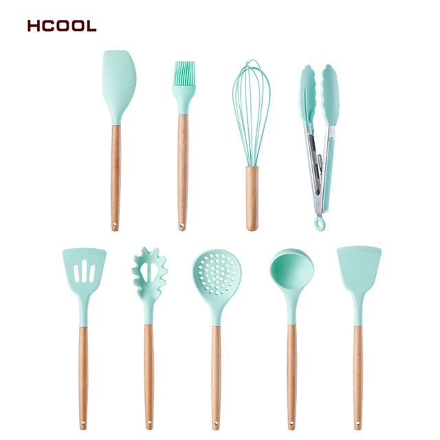 Новый продукт HCOOL Набор из 9 шт. Мятно-зеленый кухонный набор для приготовления пищи Силиконовые кухонные принадлежности Пищевой уровень с ведром для хранения
